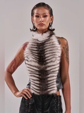 AKIRA White and Black Striped Fur Halter Top